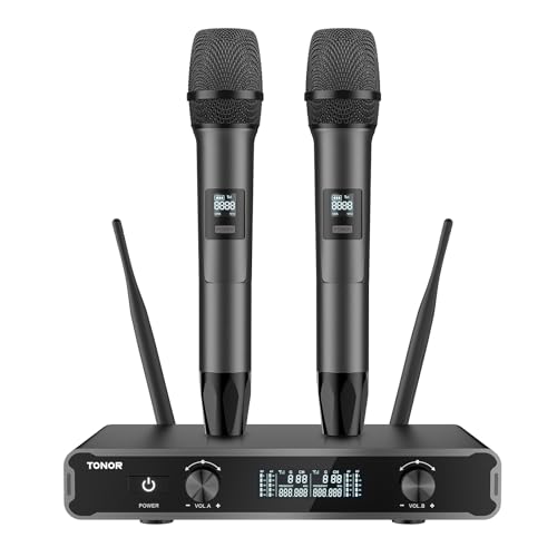 TONOR Dual Mikrofon Kabellos System, Funkmikrofon drahtloses Karaoke Mikro Set Wireless Microphone 60m Reichweite mit Empfänger für Hochzeit Party Kirche Vortrag Bühne Reden Konferenz TW450 Grau von TONOR