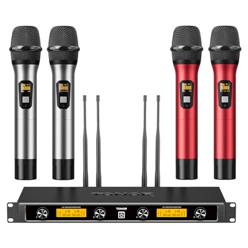 TONOR Funkmikrofon Kabellos Set mit Empfänger und 4x5 Kanälen Metall Microphone drahtlos,4 Antennen für 90m Reichweite mit verstellbarem Frequenz für Singing Kirche Show, Silber & Rot von TONOR