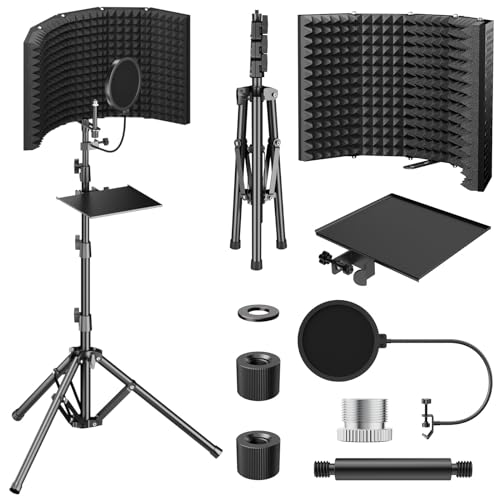 TONOR Isolationsschild-Paket für Mikrofon, hochdichter, Saugfähiger Schaumstoffschutz mit Pop-Filter und Stativständer, Faltbares Design, Geeignet für Blue Yeti, AT2020, Aufnahme, Podcasts, Gesang von TONOR