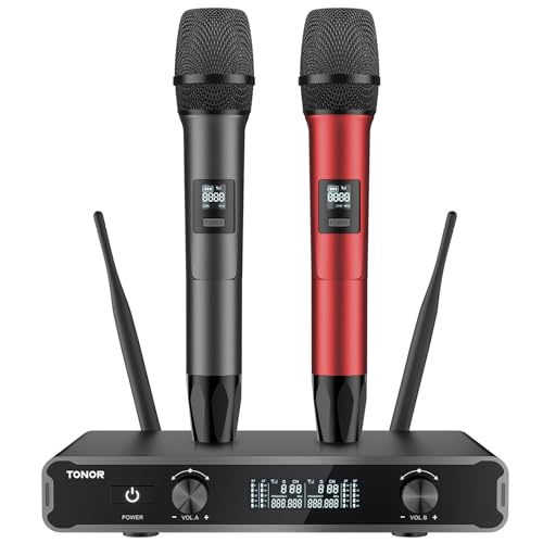 TONOR Mikrofon Kabellos System, Dual Funkmikrofon mit Empfänger, drahtloses Karaoke Microfono Set Wireless Singing Mic dynamisch 60m Reichweite für Hochzeit Party Kirche Vortrag Bühne TW450 Grau&Red von TONOR