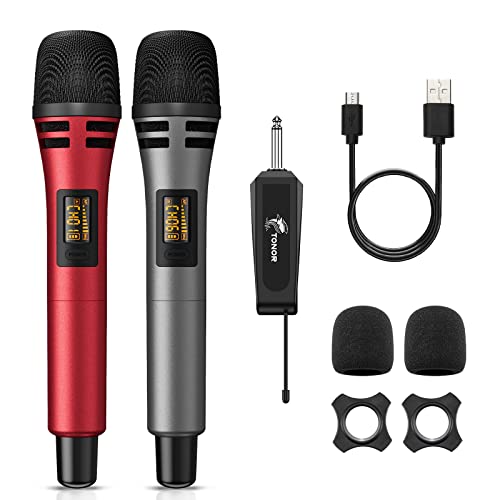 TONOR Mikrofon kabellos, drahtloses Funkmikrofon Wireless Microphone Handmikrofon dynamisch Microfono Mic mit Empfänger für Verstärker PA Anlage Karaoke Hochzeit Party Konferenz Vortrag TW320 Grau&Rot von TONOR