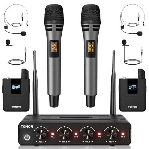 TONOR UHF Mikrofon Kabellos Set mit Handmikrofon/Bodypack Transmitter/Headset Funkmikrofon/Lavalier Wireless Microphone, 4x5 Frequenzen 60m Reichweite für Gesang Karaoke PA System Lautsprecher TW362 TONOR UHF Mikrofon Kabellos Set mit Handmikrofon/Bodypack Transmitter/Headset Funkmikrofon/Lavalier Wireless Microphone, 4x5 Frequenzen 60m Reichweite für Gesang Karaoke PA System Lautsprecher TW362 von TONOR