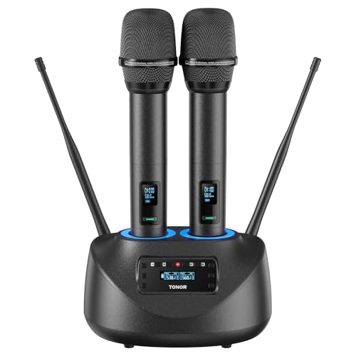 TONOR Wiederaufladbares Bluetooth Funkmikrofon Set, 2x100 einstellbare UHF Funk Mikrofon Kabellos Metall Wireless Microphone, Auto Scan, 80m Reichweite für Gesang Karaoke Kirche Party TW790 Schwarz von TONOR