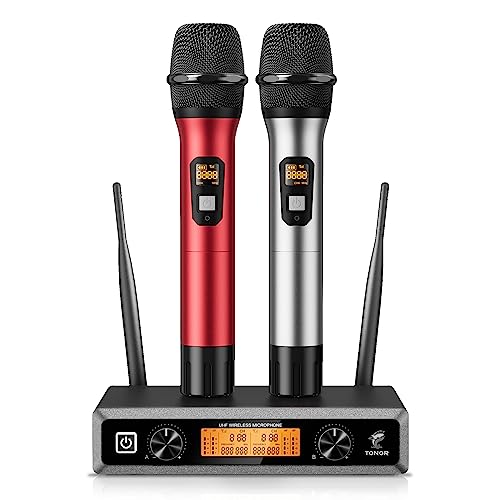 TONOR Wireless Funkmikrofon UHF Professionelles dynamisches drahtloses Dual Mikrofon, Handmikrofonsystem, Heim-KTV-Set für Karaoke, Party, DJ, Kirche, Hochzeit, Meeting, 60 Meter, TW820, Rot von TONOR