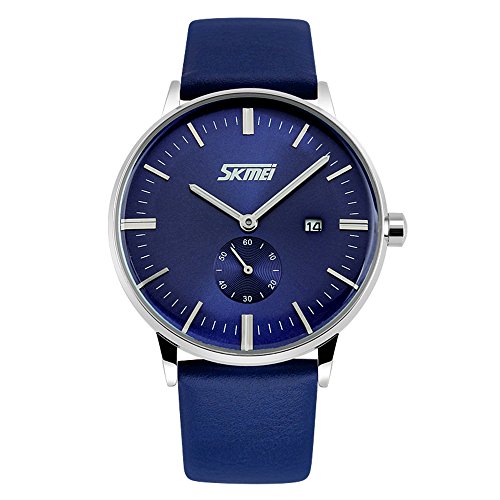 TONSHEN Herren Analog Quarzuhr Edelstahl Uhr Leder Band Uhren Kalender Datum Unabhängige Stoppuhr Herrenuhr für Männer (Blau) von TONSHEN