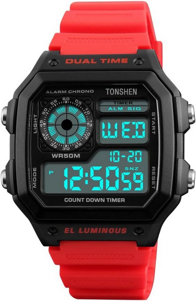 TONSHEN Herrenuhr 50M Wasserdicht Sportuhr LED Elektronik Watch, Militär Multifunktional Plastik Uhren und Kautschuk Band Armbanduhr von TONSHEN