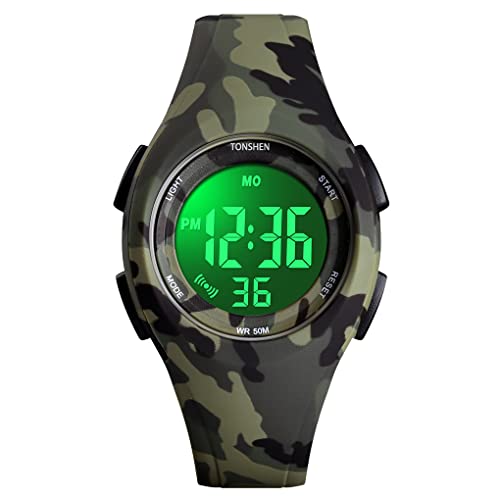 TONSHEN Jungen und Mädchen Uhren Kinderuhr Digitaluhr Sportuhr Outdoor 50M Wasserdicht LED Elektronik Alarm Stoppuhr Armbanduhr (Grün Camo) von TONSHEN