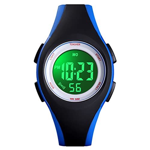 TONSHEN Jungen und Mädchen Uhren Kinderuhr Digitaluhr Sportuhr Outdoor 50M Wasserdicht LED Elektronik Alarm Stoppuhr Armbanduhr (Schwarz) von TONSHEN