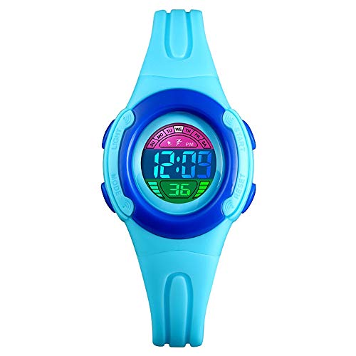 TONSHEN Kinder Digital 50M Wasserdicht Outdoor Sport Uhren Mehrfarbig LED Licht Elektronik Alarm Stoppuhr Plastik Lünette mit Kautschuk Band Armbanduhr (Blau) von TONSHEN