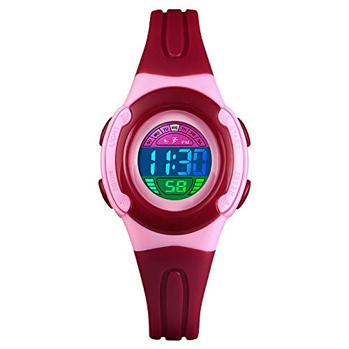 TONSHEN Kinder Digital 50M Wasserdicht Outdoor Sport Uhren Mehrfarbig LED Licht Elektronik Alarm Stoppuhr Plastik Lünette mit Kautschuk Band Armbanduhr (Rot) von TONSHEN