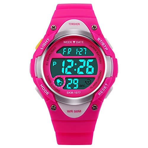 TONSHEN Kinder Digitaluhr Outdoor 50M Wasserdicht Plastik Lünetten mit Kautschuk Band Uhren Multifunktion Sportuhr Kalender Datum Stoppuhr Armbanduhr (Rot) von TONSHEN