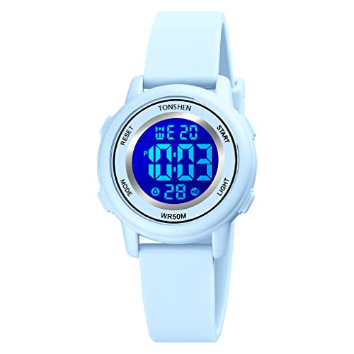 TONSHEN Kinder Mehrfarbig LED Licht Uhr Elektronik Digitaluhr Outdoor Sportuhr Alarm Stoppuhr Plastik Uhren Wasserdicht Armbanduhr (Blau) von TONSHEN