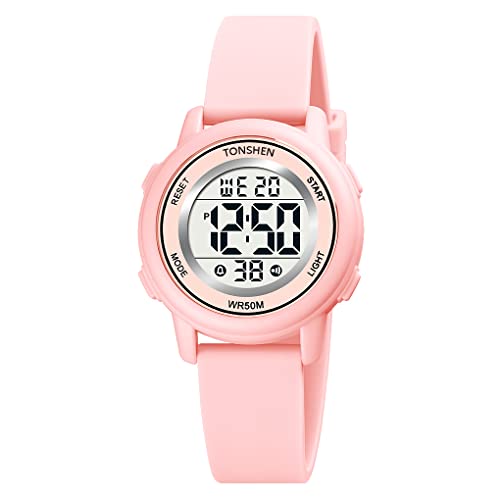 TONSHEN Kinder Mehrfarbig LED Licht Uhr Elektronik Digitaluhr Outdoor Sportuhr Alarm Stoppuhr Plastik Uhren Wasserdicht Armbanduhr (Pink) von TONSHEN