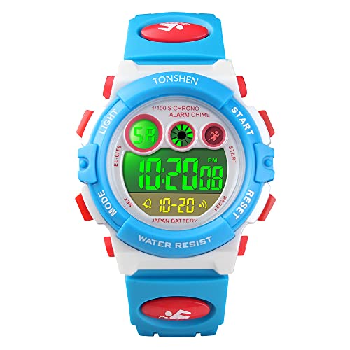 TONSHEN Kinder Outdoor Uhren Sportuhr 50M Wasserdicht Mehrfarbig LED Licht Elektronik Digitaluhr Fashion Junge Mädchen Plastik Armbanduhren Alarm Stoppuhr (Blau) von TONSHEN