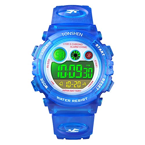 TONSHEN Kinder Outdoor Uhren Sportuhr 50M Wasserdicht Mehrfarbig LED Licht Elektronik Digitaluhr Fashion Junge Mädchen Plastik Armbanduhren Alarm Stoppuhr (Dunkelblau) von TONSHEN