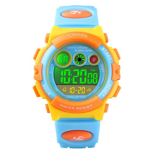 TONSHEN Kinder Outdoor Uhren Sportuhr 50M Wasserdicht Mehrfarbig LED Licht Elektronik Digitaluhr Fashion Junge Mädchen Plastik Armbanduhren Alarm Stoppuhr (Gelb) von TONSHEN