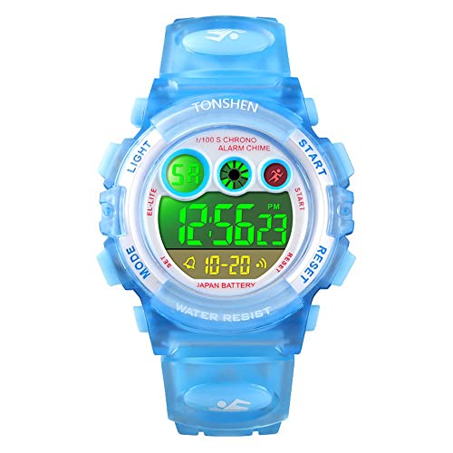 TONSHEN Kinder Outdoor Uhren Sportuhr 50M Wasserdicht Mehrfarbig LED Licht Elektronik Digitaluhr Fashion Junge Mädchen Plastik Armbanduhren Alarm Stoppuhr (Hellblau) von TONSHEN