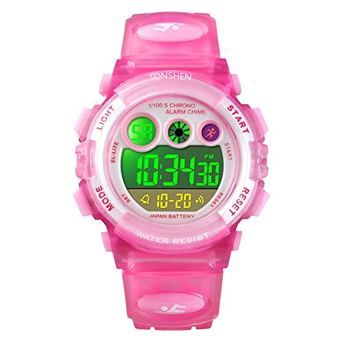 TONSHEN Kinder Outdoor Uhren Sportuhr 50M Wasserdicht Mehrfarbig LED Licht Elektronik Digitaluhr Fashion Junge Mädchen Plastik Armbanduhren Alarm Stoppuhr (Rose) von TONSHEN