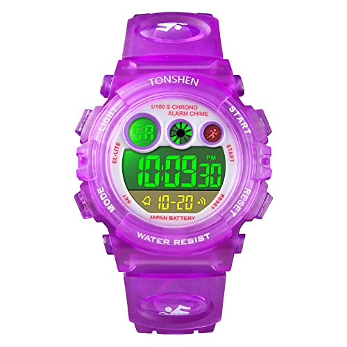 TONSHEN Kinder Outdoor Uhren Sportuhr 50M Wasserdicht Mehrfarbig LED Licht Elektronik Digitaluhr Fashion Junge Mädchen Plastik Armbanduhren Alarm Stoppuhr (Violett) von TONSHEN