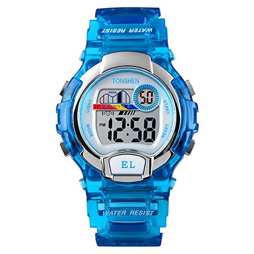 TONSHEN Kinder Sport Uhren 50M Wasserdicht Outdoor Multifunktional LED Elektronik Digitaluhr Plastik Lünetten mit Kautschuk Band Alarm Stoppuhr Armbanduhr (Blau) von TONSHEN