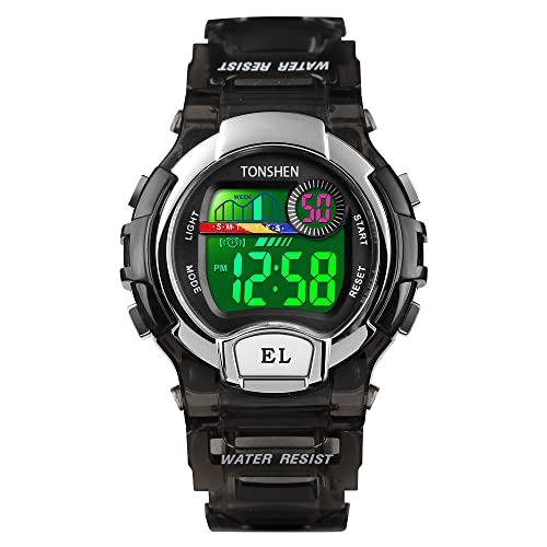 TONSHEN Kinder Sport Uhren 50M Wasserdicht Outdoor Multifunktional LED Elektronik Digitaluhr Plastik Lünetten mit Kautschuk Band Alarm Stoppuhr Armbanduhr (Schwarz) von TONSHEN