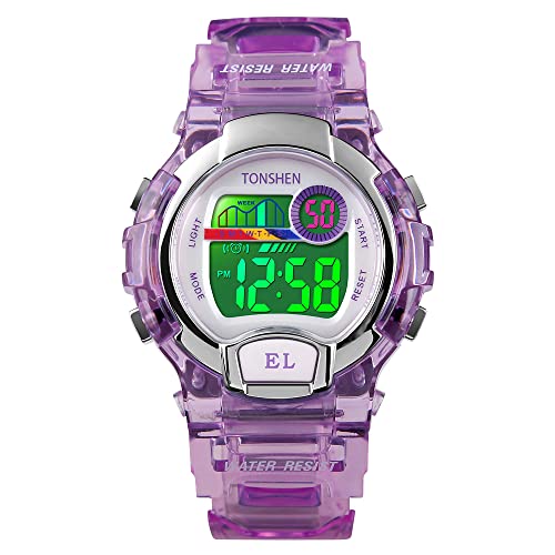 TONSHEN Kinder Sport Uhren 50M Wasserdicht Outdoor Multifunktional LED Elektronik Digitaluhr Plastik Lünetten mit Kautschuk Band Alarm Stoppuhr Armbanduhr (Violett) von TONSHEN