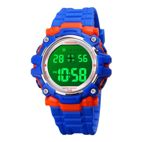 TONSHEN Kinder Wasserdicht Outdoor Sport LED Elektronik Doppelte Zeit Alarm Stoppuhr Digital Taktik Militär Plastik Uhren (Blau) von TONSHEN