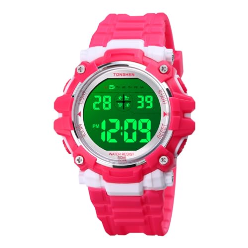 TONSHEN Kinder Wasserdicht Outdoor Sport LED Elektronik Doppelte Zeit Alarm Stoppuhr Digital Taktik Militär Plastik Uhren (Rot) von TONSHEN