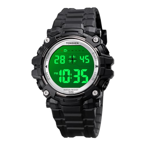 TONSHEN Kinder Wasserdicht Outdoor Sport LED Elektronik Doppelte Zeit Alarm Stoppuhr Digital Taktik Militär Plastik Uhren (Schwarz) von TONSHEN