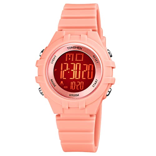 TONSHEN Kinder Wasserdicht Uhr Mehrfarbig LED Licht Elektronik Digitaluhr Outdoor Sportuhr Doppelte Zeit Alarm Stoppuhr Plastik Uhren (Rosa) von TONSHEN