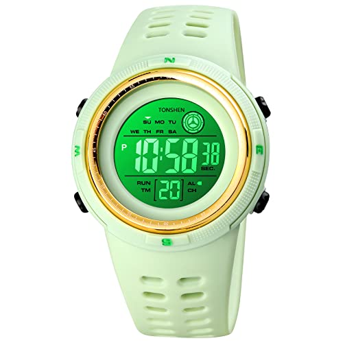 TONSHEN Kinderuhr Mehrfarbig LED Licht Elektronik Digitaluhr Outdoor Sportuhr Doppelte Zeit Alarm Stoppuhr Plastik Uhren 50M Wasserdicht (Grün) von TONSHEN