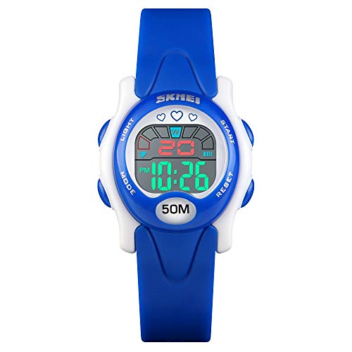 TONSHEN Kinderuhr Outdoor Sportuhr LED Elektronik Digitaluhr 50M Wasserdicht Outdoor Multifunktional Alarm Stoppuhr Armbanduhr Plastik Lünette mit Kautschuk Band (Dunkelblau) von TONSHEN