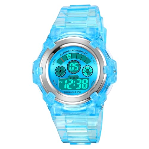 TONSHEN Kinderuhr Wasserdicht Outdoor Sport LED Elektronik Doppelte Zeit Alarm Stoppuhr Digitaluhr Multifunktional Plastik Uhren (Blau) von TONSHEN