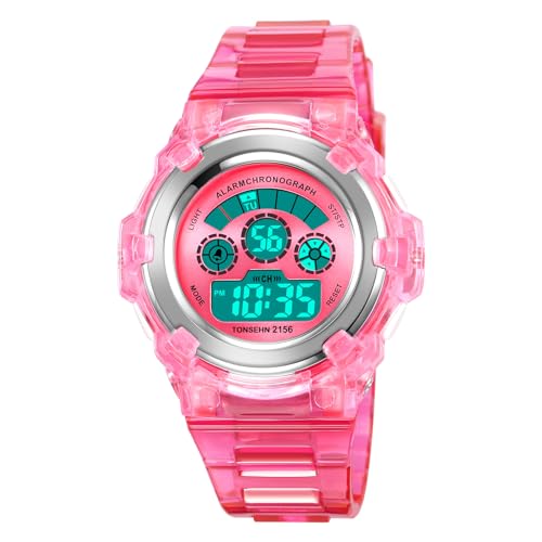 TONSHEN Kinderuhr Wasserdicht Outdoor Sport LED Elektronik Doppelte Zeit Alarm Stoppuhr Digitaluhr Multifunktional Plastik Uhren (Pink) von TONSHEN