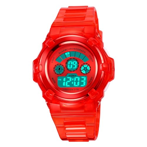 TONSHEN Kinderuhr Wasserdicht Outdoor Sport LED Elektronik Doppelte Zeit Alarm Stoppuhr Digitaluhr Multifunktional Plastik Uhren (Rot) von TONSHEN