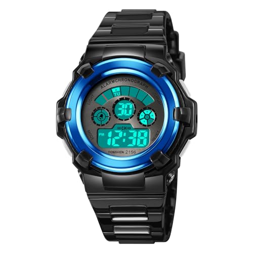 TONSHEN Kinderuhr Wasserdicht Outdoor Sport LED Elektronik Doppelte Zeit Alarm Stoppuhr Digitaluhr Multifunktional Plastik Uhren (Schwarz Blau) von TONSHEN