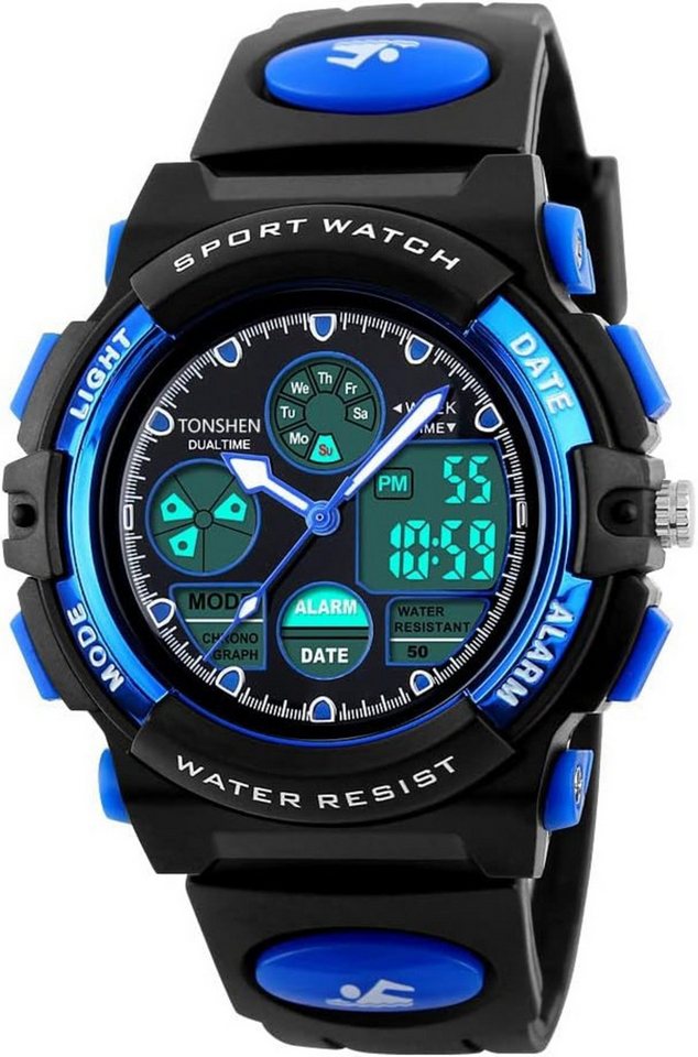 TONSHEN LED Digitaluhr Analog Quarzuhr Doppel Zeit 50M Wasserdicht Watch, Uhren Plastik Lünette mit Silikon Band Neutral Armbanduhr von TONSHEN