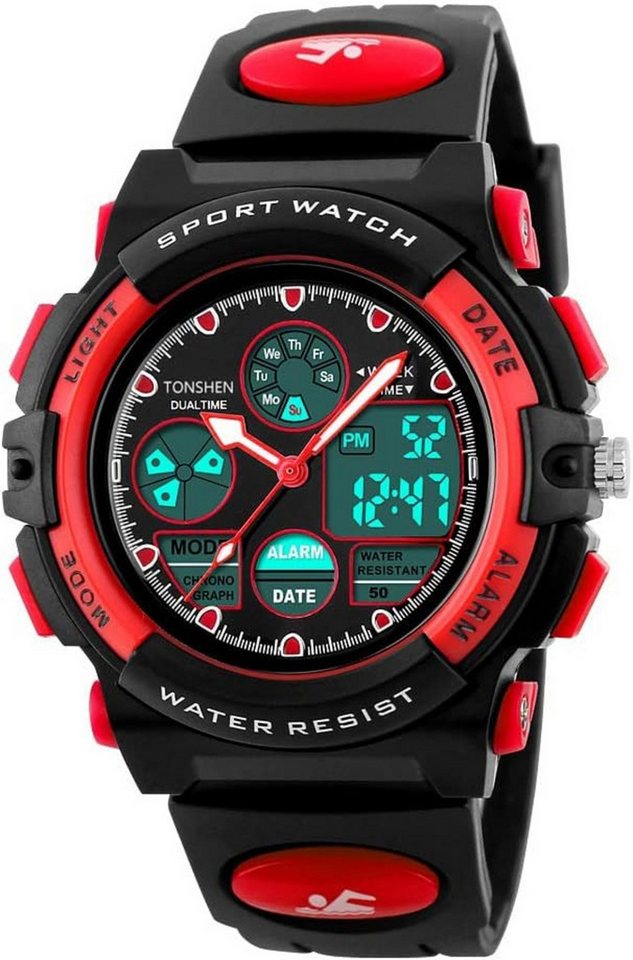 TONSHEN LED Digitaluhr Analog Quarzuhr Doppel Zeit 50M Wasserdicht Watch, Uhren Plastik Lünette mit Silikon Band Neutral Armbanduhr von TONSHEN