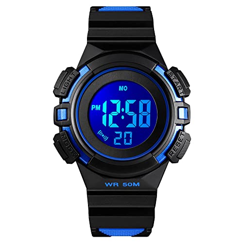 TONSHEN kinderuhr Junge Mädchen Digital Uhren Sportuhr 50M Wasserdicht Mehrfarbig LED Licht Outdoor Militär Multifunktional Alarm Stoppuhr Armbanduhr (Blau) von TONSHEN