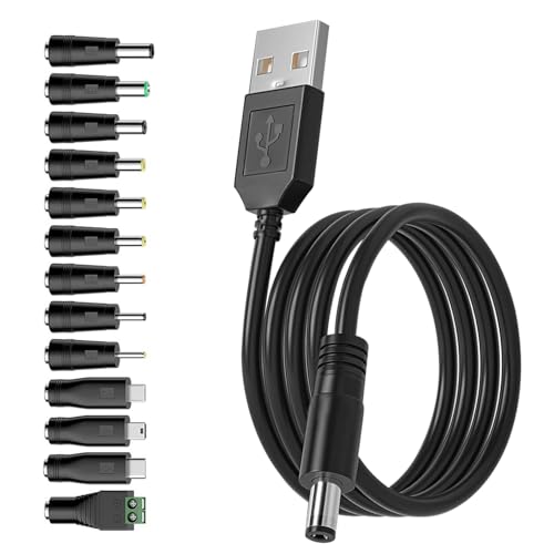USB auf DC Stecker Kabel, 13 in 1 Universal USB A auf Hohlstecker Ladekabel Netzkabel Stromkabel Adapterkabel mit 13 Stecker für Philips Hue Hub, Kameras, LED Streifen, Router, TV Box (1,5M Schwarz) von TONTON