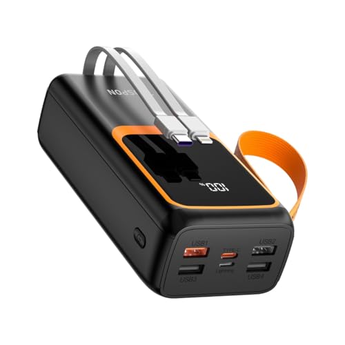 Powerbank 50000mAh mit integrierten Kabeln (Typ-C + Lightning) & 22,5W-Schnellladung Tragbares Ladegerät Schnellladung USB C für externer Akku Telefon und Kamera etc. von TOOSPON