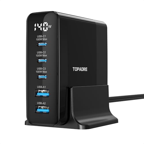 Topadre USB C Ladegerät 140W, 5-Port GaN USB C Mehrfach Ladegerät mit LED Display, Schnellladegerät PD 3.0 Netzteil für MacBook Pro/Air, für iPhone 16/15 Pro, für iPad, für Galaxy S24/23 Topadre USB C Ladegerät 140W, 5-Port GaN USB C Mehrfach Ladegerät mit LED Display, Schnellladegerät PD 3.0 Netzteil für MacBook Pro/Air, für iPhone 16/15 Pro, für iPad, für Galaxy S24/23 von TOPADRE