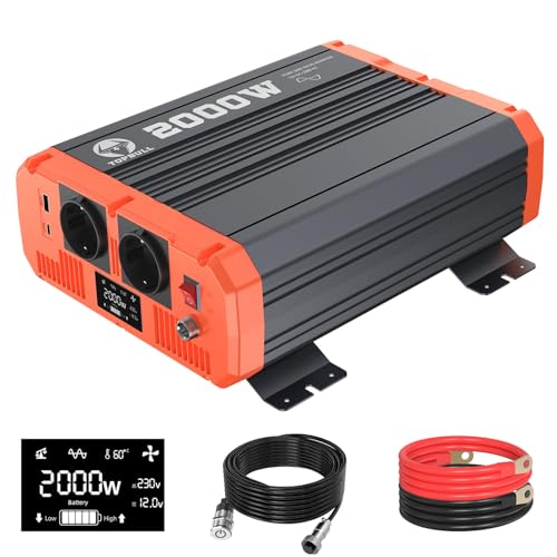 2000 Watt Wechselrichter 12v auf 230v Reiner Sinus Spannungswandler KFZ Netzvorrangschaltung mit LCD-Display und 1 USB 1 Type-C Ausgang 2AC Steckdosen Inverter für Haushaltsgeräten mit Fernsteuerung 2000 Watt Wechselrichter 12v auf 230v Reiner Sinus Spannungswandler KFZ Netzvorrangschaltung mit LCD-Display und 1 USB 1 Type-C Ausgang 2AC Steckdosen Inverter für Haushaltsgeräten mit Fernsteuerung von TOPBULL