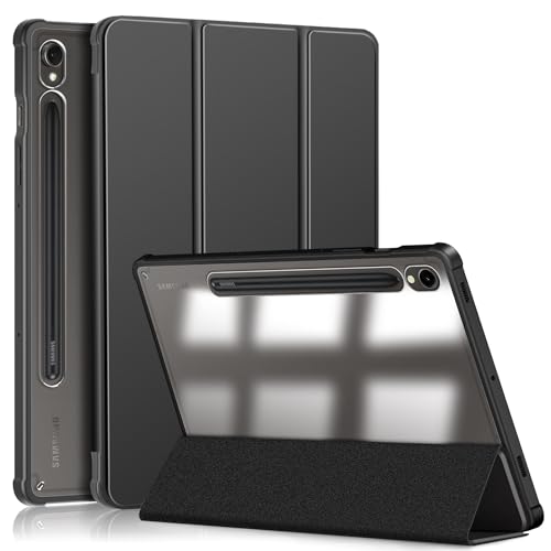 TOPCASE Hülle für Samsung Galaxy Tab S9 11 Zoll 2023 mit S Pen Halter,Klar Transparente PC-Rückseite,TPU Stoßfestes DREI-Falt Ständer Schutzhülle für (SM-X710/X716B/X718U),Schwarz von TOPCASE