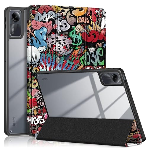 TOPCASE Hülle für Xiaomi Redmi Pad SE Tablet 11 Zoll 2023 mit Pen Halter,Klar Transparente PC-Rückseite,TPU Stoßfestes DREI-Falt Ständer Schutzhülle mit Auto Wachen/Schlafen,Graffiti von TOPCASE