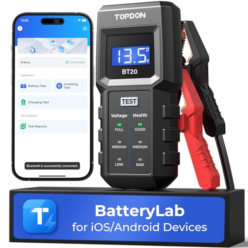 Autobatterie Tester TOPDON BT20 Batterietester kfz 12v mit Batterielastprüfgerät, Spannungstest, Kurbeltest und Ladetest Bluetooth optional von TOPDON