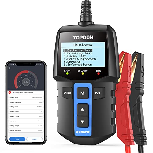 TOPDON BT100W Auto Batterietester 2 in 1, 12V Bluetooth Batterie Analyzer 100-2000 CCA Wechselstromgenerator Tester Digitaler Batterie Lasttester Lade Kurbelsystem Tester Unterstützte Akku Bibliothek von TOPDON