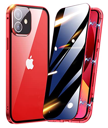 Hülle 360 Grad für iPhone 12,Anti-Spy Magnetische Handyhülle mit Privatsphäre Gehärtetes Glas und Kameraschutz,Apple iPhone 12 Hülle Magnetisch Metall Bumper Case,Rot von TOPF&B