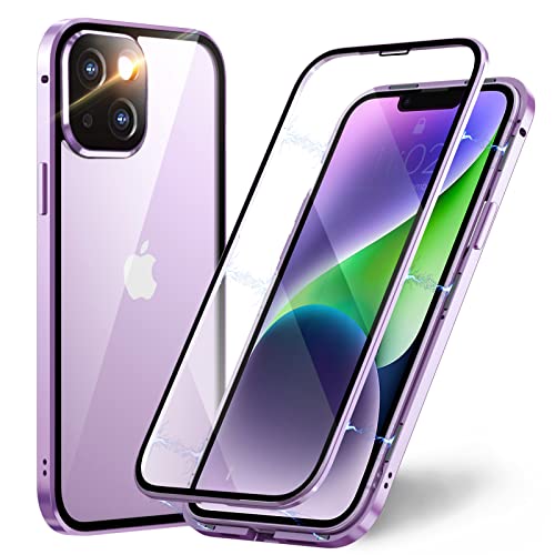 TOPF&B Handyhülle für iPhone 14 Plus 360 Grad Hülle,Magnetische Hülle mit Vorne hinten Gehärtetes Glas Transparent und Kameraschutz,iPhone 14 Hülle Magnetisch Metall Bumper Case,Violett von TOPF&B