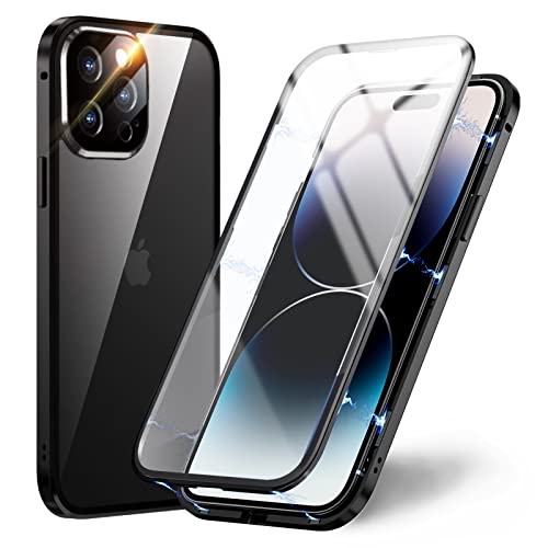 TOPF&B Handyhülle für iPhone 14 Pro Max 360 Grad Hülle,Magnetische Hülle mit Vorne hinten Gehärtetes Glas Transparent und Kameraschutz,iPhone 14 Pro Max Hülle Magnetisch Metall Bumper Case,Schwarz von TOPF&B